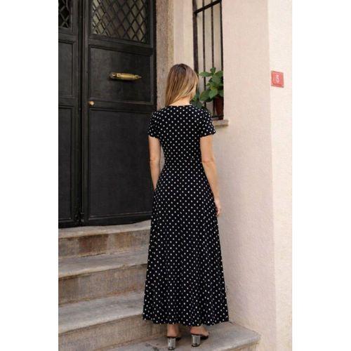 Kadın Kısa Kollu Bisiklet Yaka Puantiyeli Maksi örme Krep Elbise