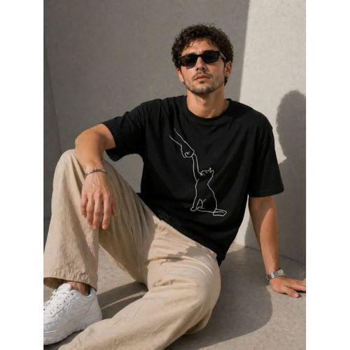 Erkek Minimal Kedi Çizim Baskılı Tişört Kısa Kol Yazlık T-Shirt - Siyah