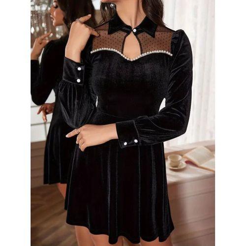 Kadın Uzun Kollu Yakalı Tül Detaylı Incili Mini Kadife Elbise