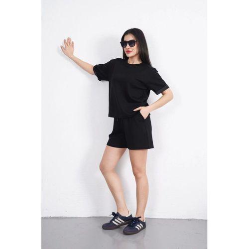 Osy Modal Yumuşak Dokulu Kumaş Bisiklet Yaka T-shirt Kısa Şort İkili Takım - Siyah