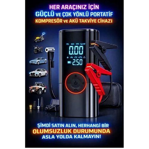 St-9650 Şarjlı 10.000 Mah Taşınabilir Araç Hava Kompresörü Akü Takviyeli Dijital Ekranlı Işıklı Çantalı