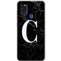 Potkal Hediye Fabrikası Samsung Galaxy A21s HD Baskılı Kılıf + 9D Tam Ekran Koruyucu - Siyah Mermer Desenli C Harfi