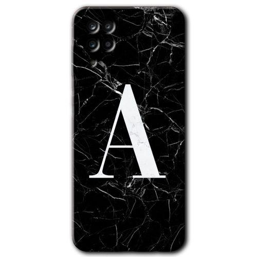 MRCİLETİSİM MRCİLETİSİM Samsung Galaxy M12 Kılıf HD Desen Baskılı Arka Kapak + Temperli Cam - Siyah Mermer Desenli A Harfi