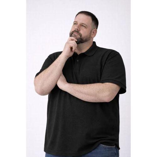 Erkek Pike Kumaş Düğmeli Yaka Battal Büyük Beden Günlük Kısa Kol Tişört T-shirt - Siyah