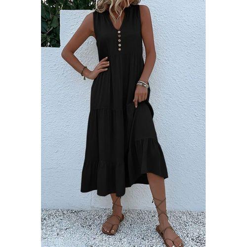 Kadın Askılı V Yakalı önden Düğmeli Midi Viskon Elbise