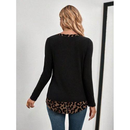 Kadın Uzun Kollu Yakadan Düğmeli Leopar Detaylı Kaşkorse Bluz