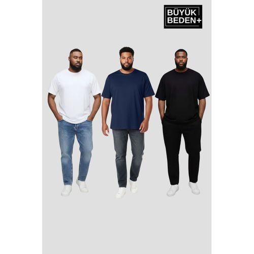 Büyük Beden Erkek Regular Kalıp Basic 3XL-6XL Bisiklet Yaka 3 lü Tişört Seti SPR26BTS510+3