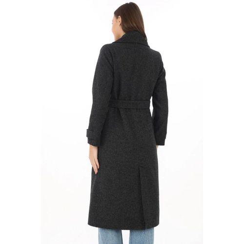 Premium Kaşe Kaban Uzun Boy, Balık Sırtı Yünlü Kaşmir Dokuma, Kruvaze Kuşaklı Astarlı - Siyah