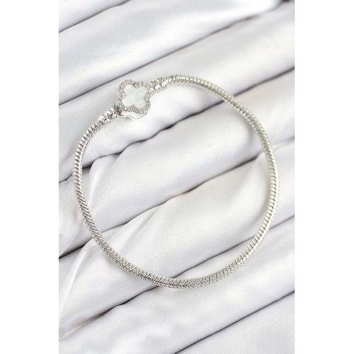 Pirinç Charm Zirkon Taşlı Yonca Model Gümüş Renk Kadın Bileklik