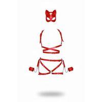 Kırmızı Harness Takım Deri Kedi Maskeli Zincir Detaylı - Brf1036