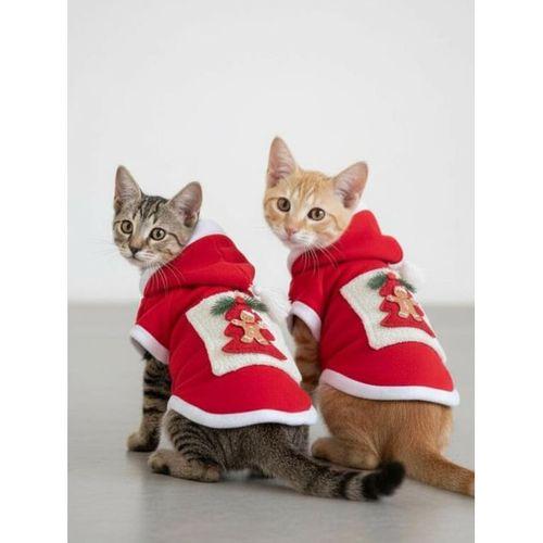 Yılbaşı Ağacı Premium Kırmızı Polar Kedi Kıyafeti | Kapüşonlu Noel Kedi Sweatshirt