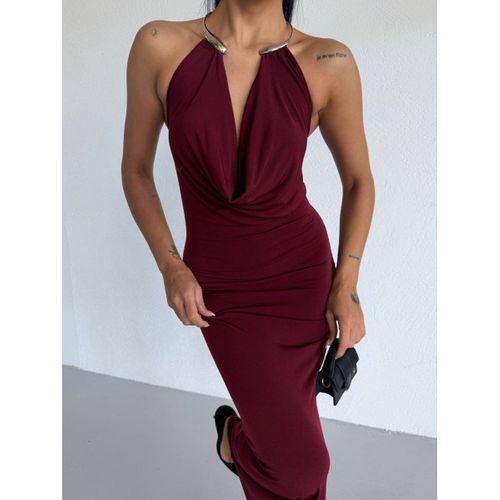 Kadın Boyun Aksesuarlı Halter Yaka Maxi Boy Sandy Kumaş Elbise