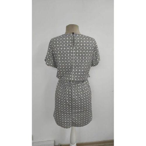 Kadın Kısa Kollu Yuvarlak Yaka Beli Kuşaklı Geometrik Desenli Süprem Elbise