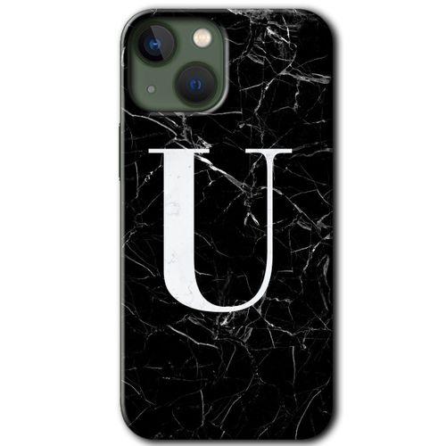 MRCİLETİSİM iPhone 13 Kılıf Baskılı Kapak - Siyah Mermer Desenli U Harfi + 5D Tam Kaplayan Cam