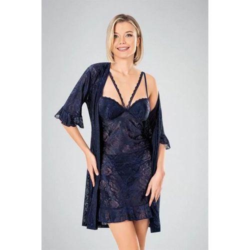 Lacivert Dantel İşlemeli 2'li Sabahlık Takımı