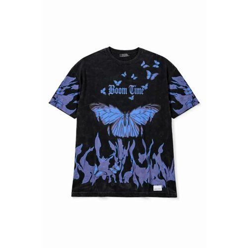 Asit Yıkamalı Oversize Tişört Mavi Kelebek Baskılı Dijital Print Bisiklet Yaka Streetwear T-Shirt - Siyah