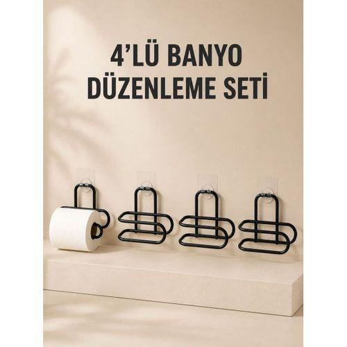 4 Adet Yapışkanlı Tuvalet Kağıdı Askısı Siyah Metal Delmeden Duvara Monte Wc Kağıtlık