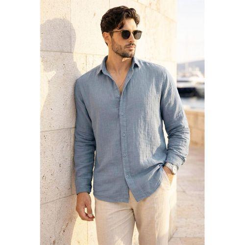 Nefes Alabilir Yarım Oversize Müslin Kumaş Uzun Kol Yakalı Erkek Gömlek - Soğuk Mavi