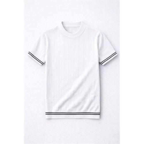 Dale Kolları Şeritli Bisiklet Yaka İnce Triko Örme Regular Fit Erkek T-Shirt - Ekru