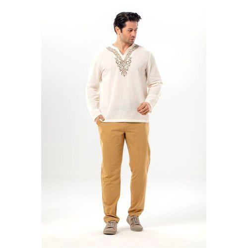 Uzun Kol Midas V Yaka Nakışlı Şile Bezi Erkek Tişört | Yazlık Erkek Tshirt Krem Krm