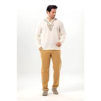 Uzun Kol Midas V Yaka Nakışlı Şile Bezi Erkek Tişört | Yazlık Erkek Tshirt Krem Krm