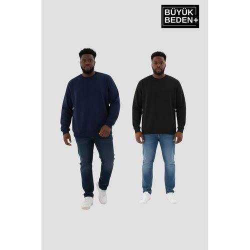 Erkek Büyük Beden İkili Bisiklet Yaka 2’li Set -Rahat Kalıp İnce Sweatshirt SPR26BSW956+2