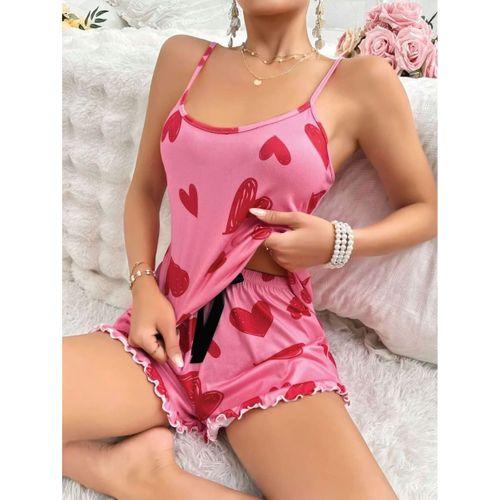 Kadın Pembe Kalp Baskılı Şortlu Gecelik Pijama Takımı Sevimli Rahat 2’li Set