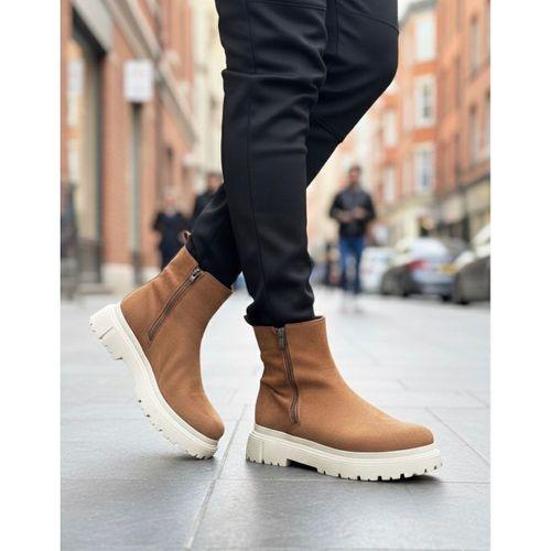 BA0777 Süet Taba Krem Taban Çift Fermuarlı Erkek Yarım Bilek Bot