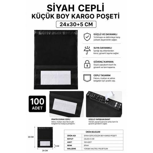 Siyah Cepli Küçük Boy Kargo Poşeti 24x30+5 Cm 100 Adet