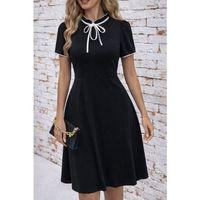 Kadın Kısa Kollu Yakadan Bağcıklı Ve Fırfırlı Midi Janjan Krep Elbise