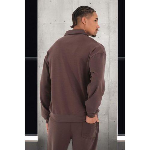 Scuba Modal Kumaş Relaxed Fit Yarım Fermuarlı Polo Yaka Erkek Sweatshirt - Kahve