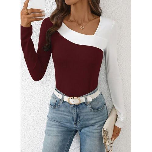 Kadın Uzun Kollu Geometrik Yaka Detaylı çift Renkli Viskon Bluz