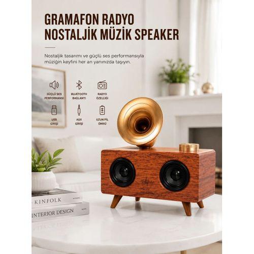 Bluetooth Nostalji Speaker Radyo Gramofon Ahşap Renk Vintage Yeni Nesil