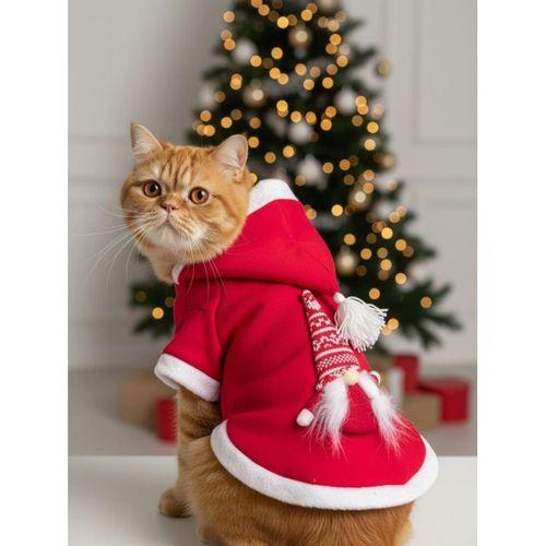 Yılbaşı Cücesi Gnome Kırmızı Polar Premium Kedi Kıyafeti | Kapüşonlu Noel Sweatshirt