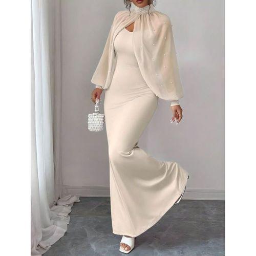 Kadın Balıkçı Yaka İnci Ve Tül Detay Dalgıç Kumaş Maxi Boy Elbise