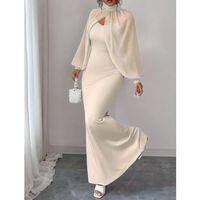 Kadın Balıkçı Yaka İnci Ve Tül Detay Dalgıç Kumaş Maxi Boy Elbise