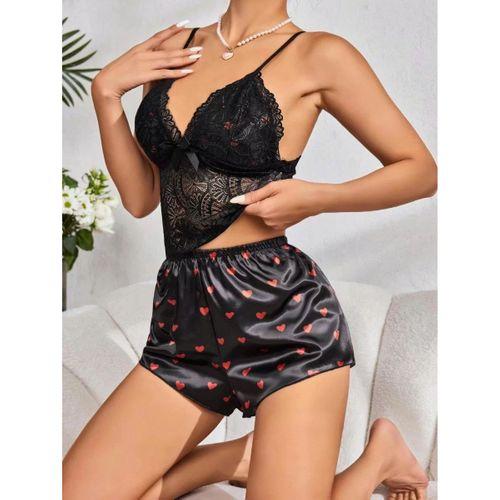 Kadın Siyah Kırmızı Kalp Desenli Saten Şort Pijama Takımı 2232