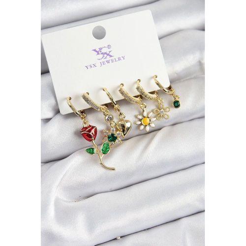 Pirinç Zİrkon Taşlı Gül Ve Papatya Model Gold Renk 3'lü Çift Kadın Küpe