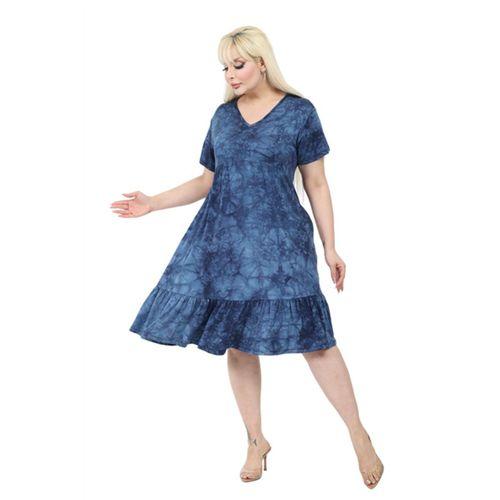 Melsay Butik Göğüsten Robalı V Yaka Kısa Kollu Lacivert Batik Yıkama Cepli Elbise