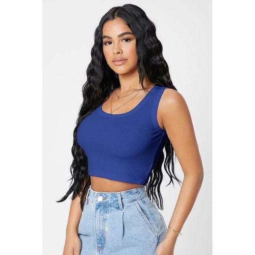 Kadın Lacivert Modern Fit Kare Yaka Crop Top Bluz