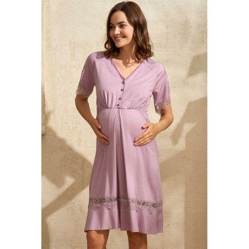 Kısa Yarım Kol V Yaka Kadın Viskon Düz Yazlık Uzun Dantel Detaylı Hamile Gecelik Sabahlık