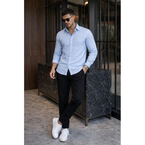 Nefes Alabilir Yarım Oversize Müslin Kumaş Uzun Kol Yakalı Erkek Gömlek - Buz Mavi