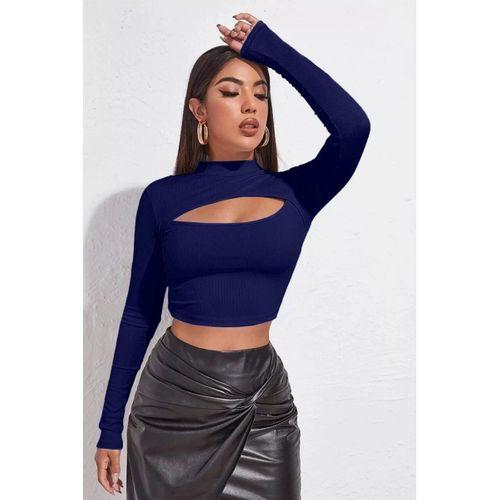 Kadın Lacivert Göğüs Dekolteli Uzun Kollu Cut Out Crop Top Bluz