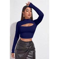 Kadın Lacivert Göğüs Dekolteli Uzun Kollu Cut Out Crop Top Bluz