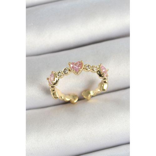 Pirinç Sıralı Kalp Figürlü Zirkon Taşlı Gold Renk Ayarlanabilir Kadın Yüzük