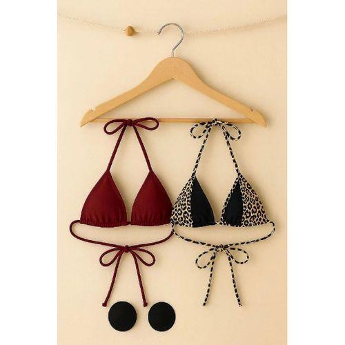 Leopar Desenli Ve Bordo 2’li Üçgen Bikini Üstü Seti Bağlamalı Minimal Kesim Kadın Mayo Üstü