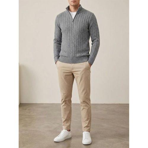 Bardem Saç Örgülü Yarım Fermuar Erkek Triko Kazak - Füme