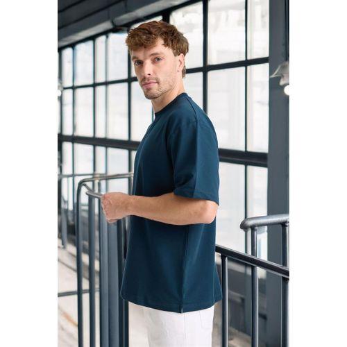 İki İplik Kumaş Pamuklu Bisiklet Yaka Basic Oversize Erkek T-Shirt - Prusya Mavisi