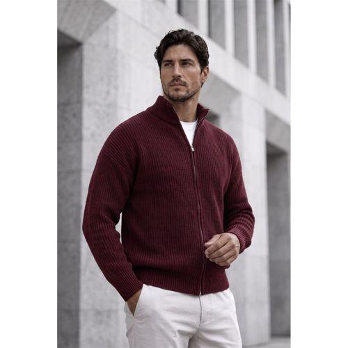 Woody Oversize Selanik Örme Fermuarlı Erkek Hırka- Bordo