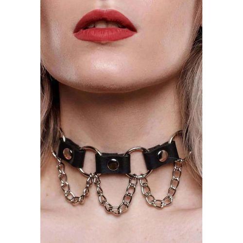 Zincir Ve Halka Detaylı Deri Choker Tasma Boyunluk Aksesuar - APFT662